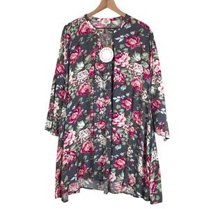NWT UMGEE Floral Tunic Top Sz M Gray Pink Roses Keyhole 3/4 Bell Sleeve Cottage